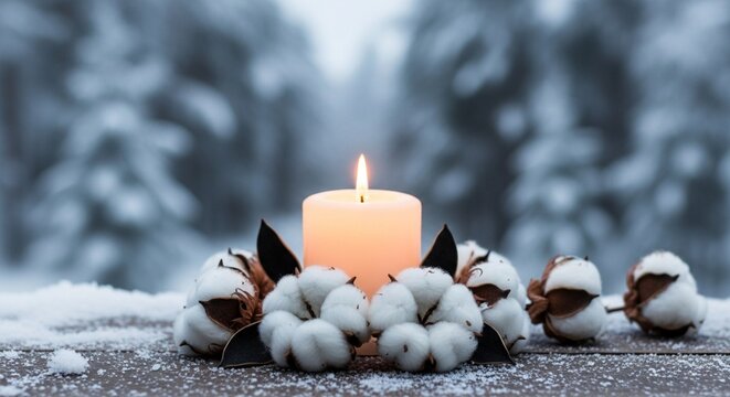 Burning Candle with Cotton Bolls on Snowy Wooden Surface