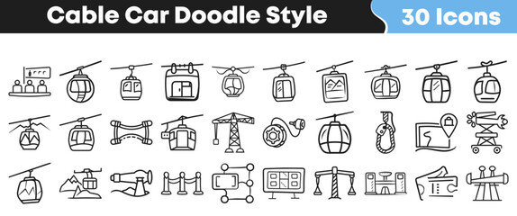 Set of thirty hand drawn cable car icons for travel projects © Vectoravec
