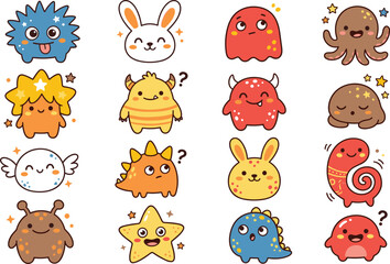 Fototapeta premium dorable kawaii monsters character collection vector illustration with cute animals, spooky ghosts, little dinosaurs, and stars for kids stickers