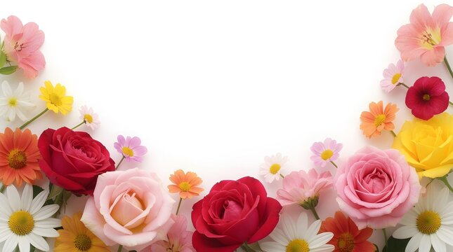 Assorted colorful flowers arranged in a frame on white background. Floral border with roses and daisies. Spring mood, greeting card design, wedding invitation decoration, nature concept.