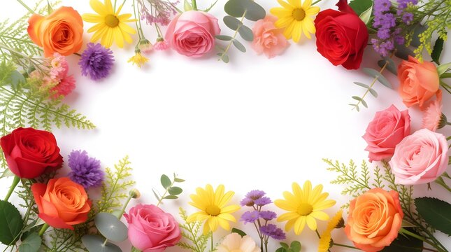 Colorful floral frame with assorted roses and daisies isolated on white background. Spring flower decorative border with copy space for greeting card or wedding invitation design.