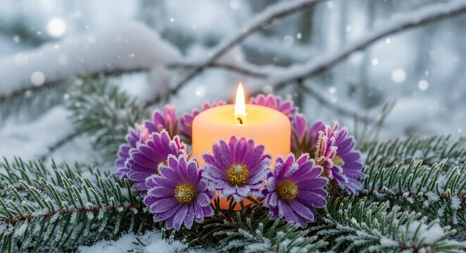 A warm, glowing yellow pillar candle surrounded by purple flowers rests on a snow-covered evergreen fir branch in a winter forest setting with soft bokeh lights.