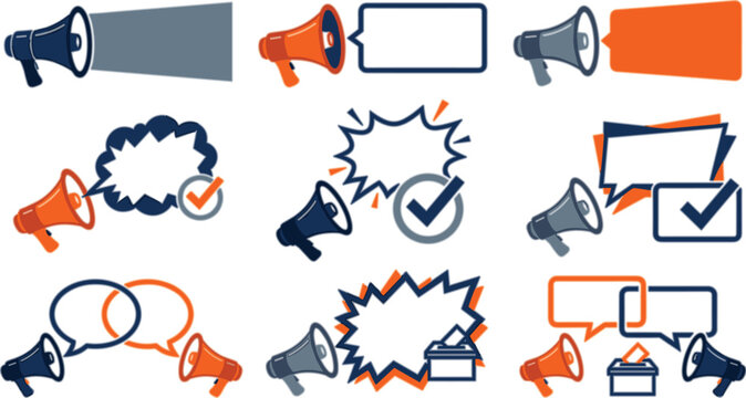  Voting poll banners vector set with public announcement text frames checkmark survey and corporate megaphone elements