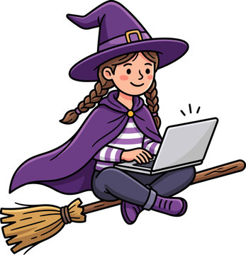 Little witch girl flying on a broomstick while working on her laptop computer isolated on transparent background.