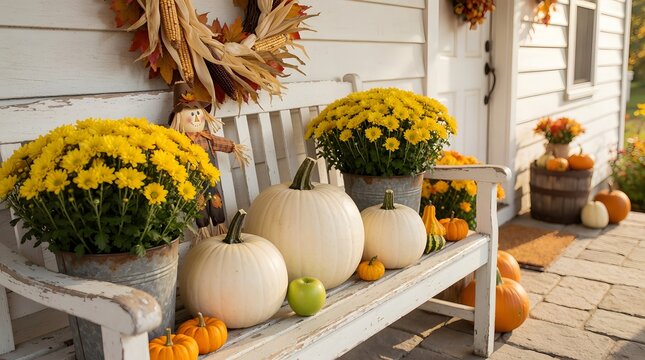 White pumpkins and yellow flowers on wooden bench for autumn decor. Traditional porch decoration with harvest vegetables. Seasonal backyard exterior design for Thanksgiving celebration.
