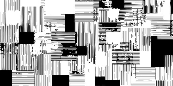 Abstract black and white glitch texture background with digital pixel distortion noise and geometric square pattern