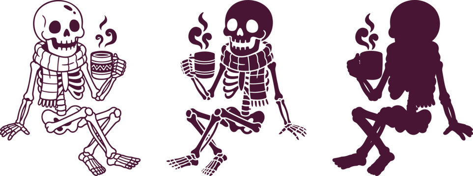 Three variations of a skeleton sitting and drinking coffee including detailed colored and silhouette versions.