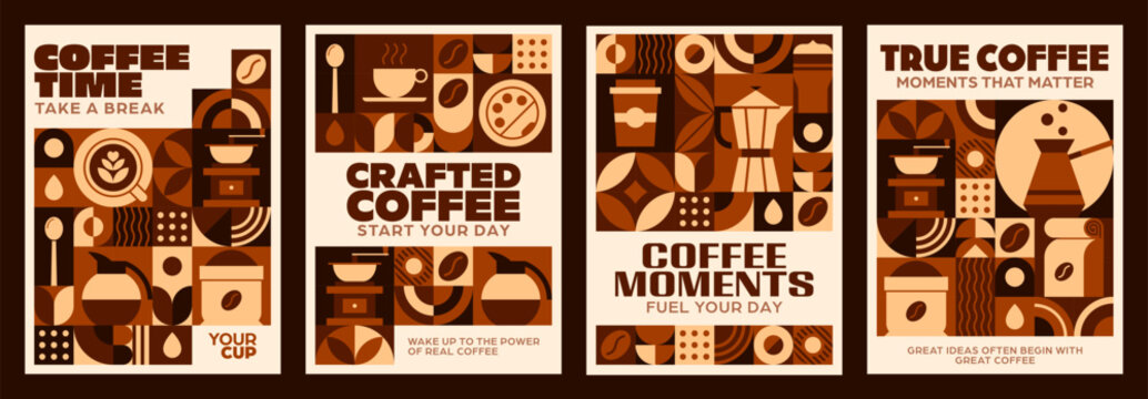 Coffee drink posters with brown geometric pattern ornament. Vector retro cards with cups, beans, grinders, and brewing tools in warm brown tones, expressing cozy morning ritual, for cafe menu or prom