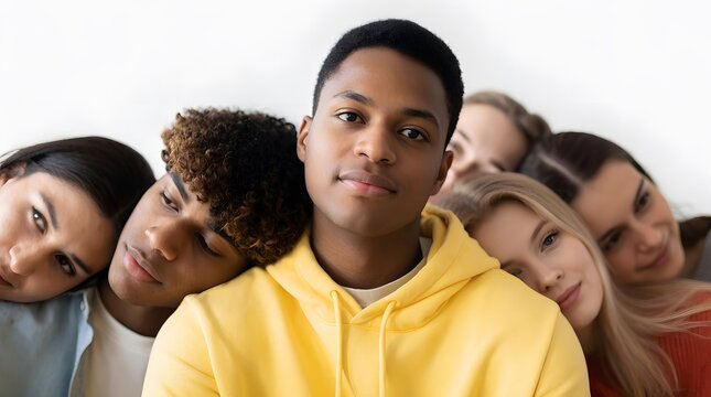 Young man in yellow hoodie surrounded by diverse group of friends. Men and women leaning on each other. Concept of diversity, inclusion, unity, friendship, and community support in teamwork.