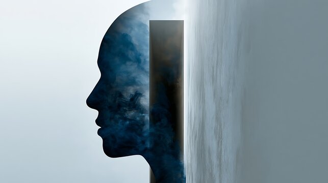 Prompt: A striking double exposure fine-art portrait capturing the concept of hidden thoughts. A sharp black silhouette profile is blended with a symbolic landscape of a massive white plaster 