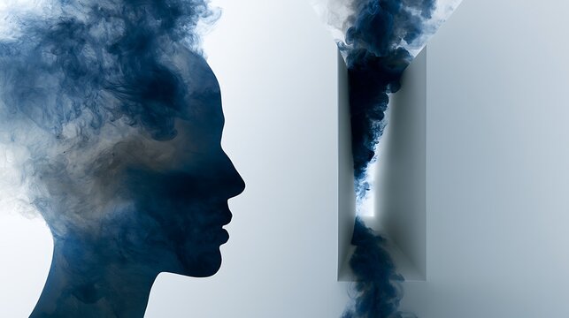 Prompt: A striking double exposure fine-art portrait capturing the concept of hidden thoughts. A sharp black silhouette profile is blended with a symbolic landscape of a massive white plaster 