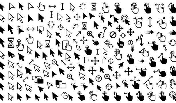 Mouse cursor and touch screen gesture vector icons set isolated on white background flat computer pointer illustration click interface design