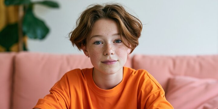 Teen portrait headshot with freckles and orange shirt on pink couch for profile portrait background and lifestyle banner design