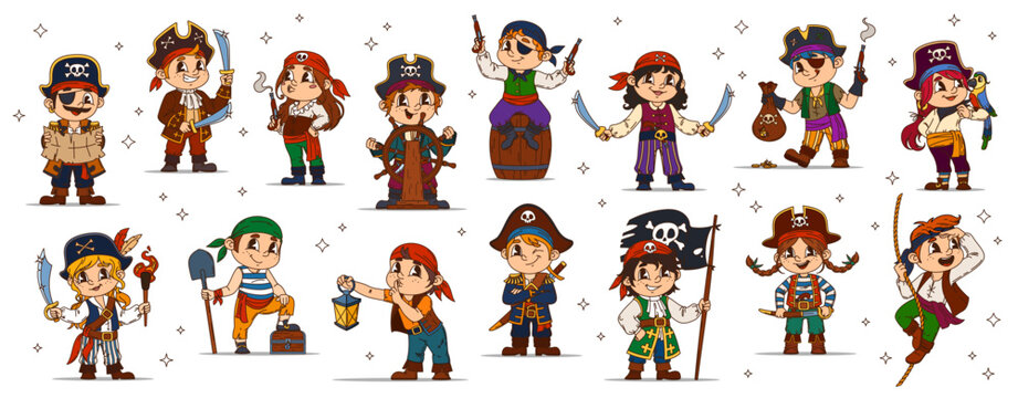 Funny cartoon kid pirate corsair characters, vector children dressed as captain, skipper sailor or boatswain and gunner in hats with skulls, striped pants, boots and jackets, holding sabres or pistols