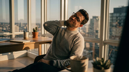 Fototapeta premium Young man stretching his neck and shoulder in a sunlit modern apartment with city views, feeling relief from discomfort, work break