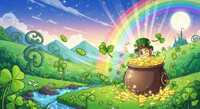 Magical leprechaun peeking from a pot of gold under a rainbow in a lush landscape.