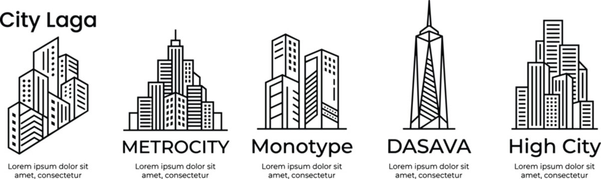 Minimalist city skyline building line icon set featuring real estate corporate skyscrapers and modern metropolitan towers logo concepts.