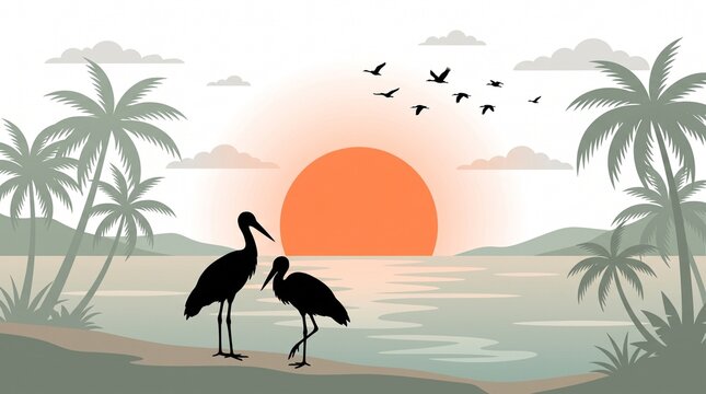 Illustration of two black birds standing on a beach at sunset with palm trees and a flock of birds flying overhead