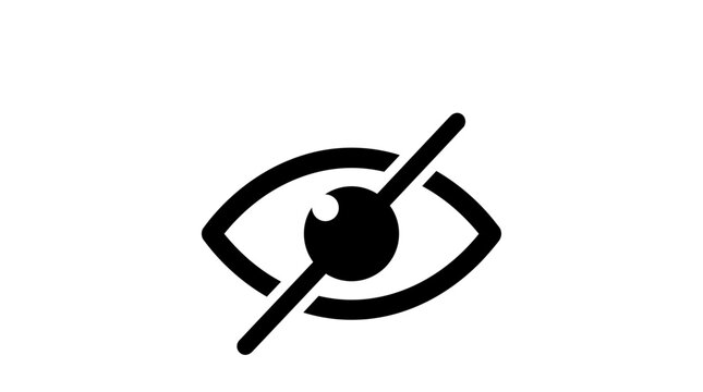 Invisible eye icon with slash, hidden visibility symbol for privacy settings, black minimalist eye crossed out vector illustration