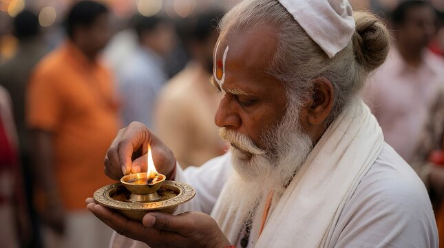 Indian sadhu lighting a diya oil lamp for a religious prayer. Hindu priest performing traditional ritual during spiritual festival. Concept of faith, devotion and cultural heritage.