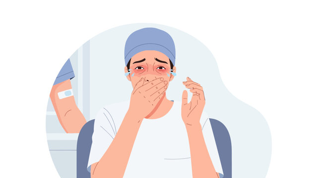 Man wearing face mask scared after jab, healthcare concept illustration
