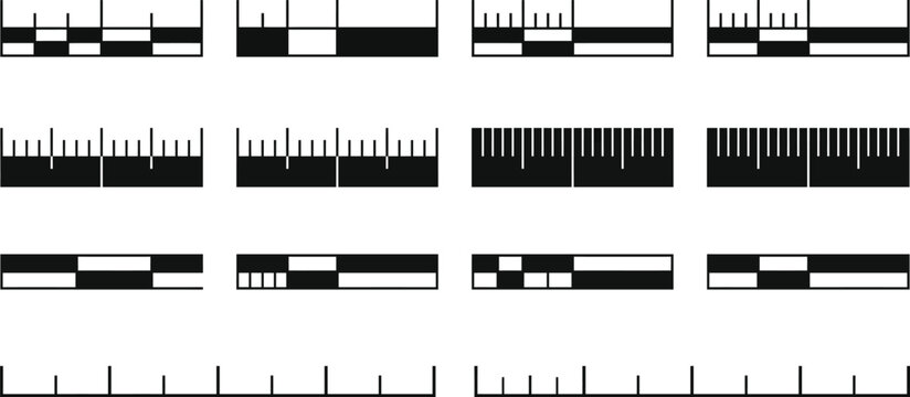 Architectural scale bar set. CAD dimension rulers, drawing scales and measurement symbols for technical plans. Editable stroke. Vector