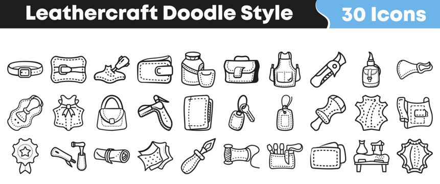 Set of thirty hand drawn leathercraft icons in doodle style