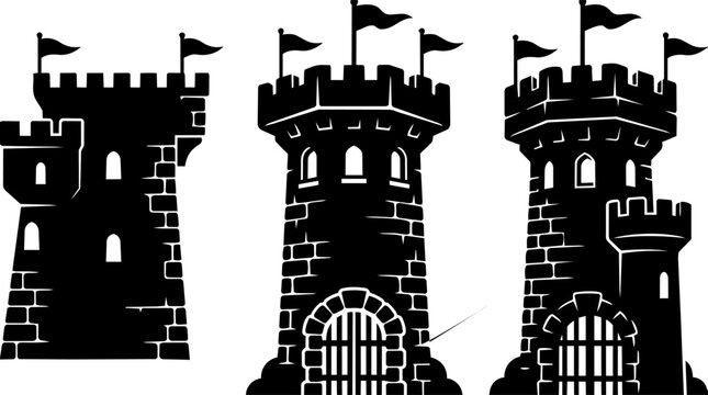 Castle towers, medieval fortress silhouettes, black stone castle walls, flags
