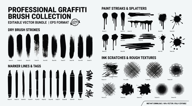 Professional graffiti brush collection editable vector bundle with dry brush strokes, paint streaks, splatters, ink scratches, and marker lines for urban design projects