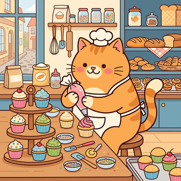 Cute cartoon ginger cat wearing a chef hat decorating cupcakes in a cozy bakery kitchen.