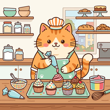 A cute cartoon ginger cat wearing an apron baking delicious cupcakes in a cozy kitchen.