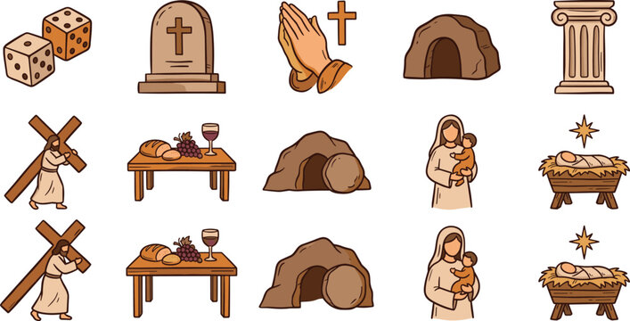 Christian easter and christmas biblical story doodle icon set featuring jesus cross nativity manger empty tomb and last supper.