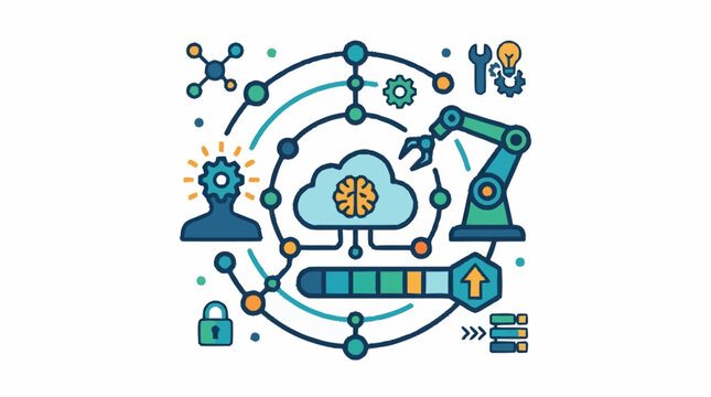 Colorful illustration of cloud computing and robotics technology.