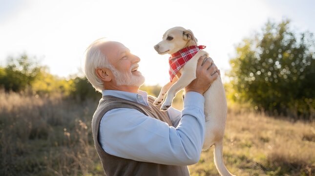 Senior man holding happy dog in park. Caring grandfather playing with pet puppy during sunset. Concept of friendship, love, companionship between animal and elderly retiree person.