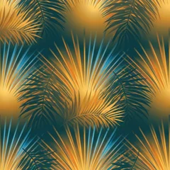 Seamless tropical pattern with glowing golden palm leaves on teal background © SidArtic