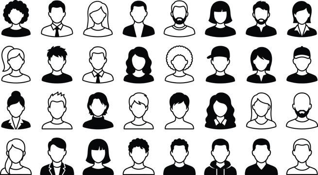 User avatar icon set. Male and female profile symbols, people outline icons for diagrams, presentations, reports and editable vector design