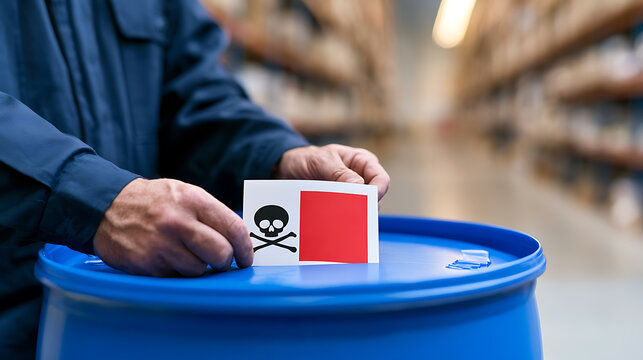 Worker apply hazard label to chemical barrel, ensure safe handling of dangerous goods in a warehouse, focus on safety protocols