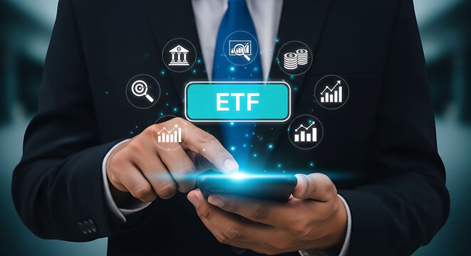 Businessman using smartphone for ETF exchange traded fund investment growth concept