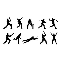 Fototapeta premium Cricket players action silhouettes mega collection with batsmen bowlers fielders isolated