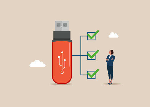 Files appraisal. Business lady checks flash drive. Medium to store information on computers. . Modern vector illustration in flat style