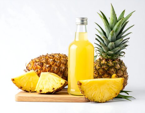 Fresh pineapple juice with pineapple chunks and plant.