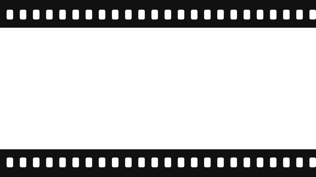 35mm Film Strip Border with Sprocket Holes Scrolling Horizontally on White Background for Cinematic Overlay