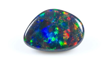 Obraz premium Polished black opal gemstone with vibrant multicolor fire play of color isolated on white background