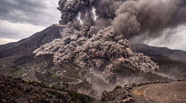 Massive volcanic eruption sends dark ash billowing into the sky as deadly, glowing pyroclastic flows surge down the mountain toward a winding road, conveying utter destruction.