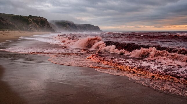 Deep red ocean waves crash onto a murky sandy beach beneath a gloomy, overcast sky. It conveys a toxic, unsettling environmental anomaly caused by a severe harmful algal bloom.