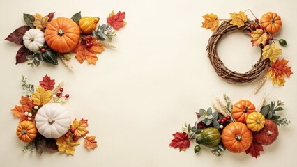 Fototapeta premium Autumn flat lay with pumpkins, woven wreath, and colorful fall leaves