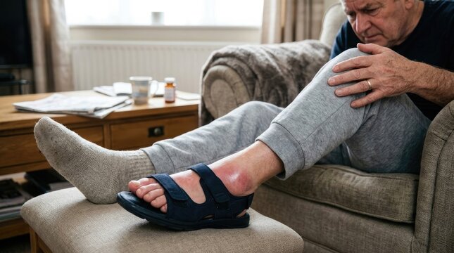 Human joint affliction: gouty arthritis, uric acid, MTP joint, big toe, painful swelling, urate crystal, chronic condition, severe discomfort.