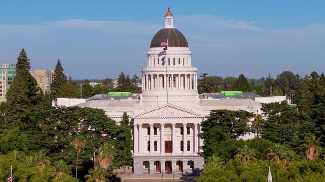 Aerial views show the west side of California State Capitol in Sacramento and the annex being built to the east of the building.