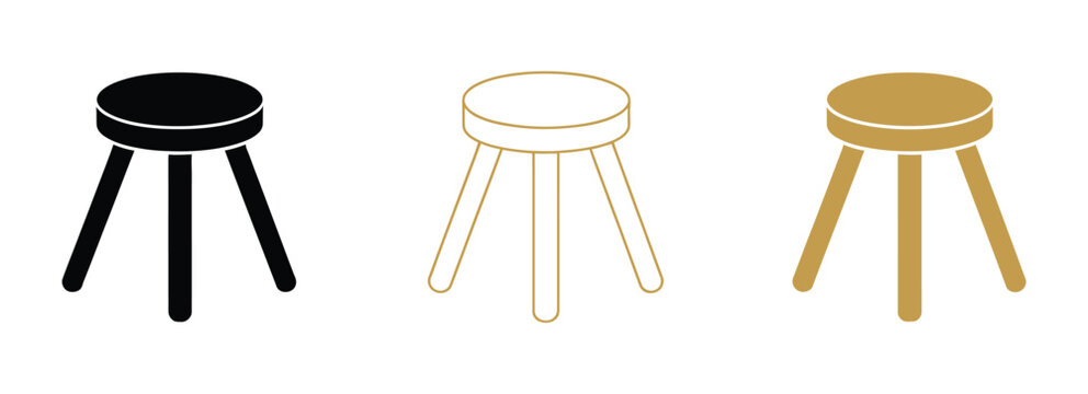 Three legged stool icons in outline, glyph, and filled styles for furniture, interior design, seating, and home  illustration.