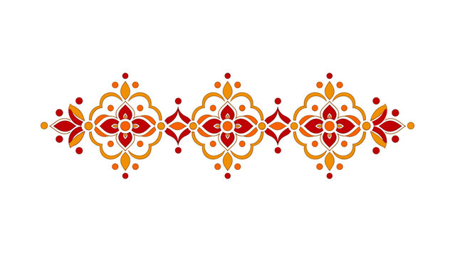 Rangoli inspired ornamental border pattern with red and gold floral motifs on transparent background, concept of traditional Indian festive decoration